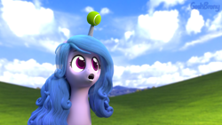 Size: 3840x2160 | Tagged: safe, artist:geekbrony, izzy moonbow, pony, unicorn, g5, 3d, ball, blender, bliss xp, cute, high res, horn, hornball, izzy's tennis ball, microsoft windows, open mouth, poggers, solo, tennis ball, wallpaper, webcore, windows xp