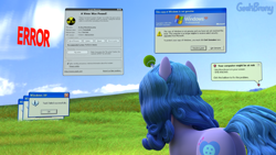 Size: 3840x2160 | Tagged: safe, artist:geekbrony, izzy moonbow, pony, unicorn, g5, 3d, avast, ball, blender, bliss xp, butt, dialogue box, error, high res, horn, hornball, izzy moonbutt, izzy's tennis ball, microsoft windows, plot, solo, tennis ball, virus, webcore, windows xp