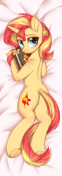 Size: 1700x4818 | Tagged: safe, artist:wkirin, sunset shimmer, pony, unicorn, g4, body pillow, body pillow design, book, bunset shimmer, butt, cute, dock, female, frog (hoof), high res, mare, plot, sexy, shimmerbetes, smiling, solo, stupid sexy sunset shimmer, sunset's journal, tail, underhoof