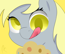 Size: 1280x1080 | Tagged: safe, artist:reinbou, derpy hooves, pegasus, pony, g4, colored pupils, food, licking, licking lips, muffin, simple background, solo, tongue out