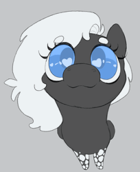 Size: 2018x2479 | Tagged: safe, artist:luna_mcboss, oc, oc only, oc:double stuff, pegasus, pony, :3, animated, big eyes, blinking, blue eyes, feathered wings, female, folded wings, gif, gray background, gray coat, heart, heart eyes, high res, looking at you, looking up, looking up at you, mottled coat, pegasus oc, perspective, pony oc, shiny eyes, simple background, solo, white mane, wingding eyes, wings