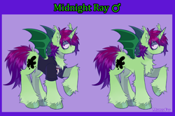 Size: 3080x2050 | Tagged: safe, artist:k0br4, oc, oc:midnight ray, bat pony, bat pony unicorn, hybrid, pony, unicorn, bat pony oc, bat wings, chest fluff, clothes, ear fluff, emo, eyeliner, fangs, hair over one eye, high res, hoof fluff, horn, makeup, male, ponysona, raised hoof, reference, reference sheet, shirt, simple background, solo, stallion, standing, two toned mane, unicorn oc, unshorn fetlocks, wings