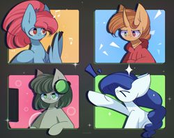 Size: 2400x1900 | Tagged: safe, artist:miryelis, oc, oc only, oc:rainven wep, earth pony, pegasus, pony, unicorn, clothes, headphones, long hair, raised hoof, simple background, smiling