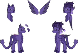Size: 4891x3332 | Tagged: safe, artist:thecommandermiky, oc, oc only, oc:miky command, cat, hybrid, pegasus, pony, chest fluff, female, hybrid oc, mare, paws, pegasus oc, purple eyes, purple hair, purple mane, reference sheet, simple background, transparent background, wings