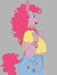 Size: 609x797 | Tagged: safe, artist:superduperath, pinkie pie, earth pony, anthro, g4, clothes, denim, female, gray background, happy, jeans, midriff, open mouth, open smile, pants, shirt, simple background, smiling, solo