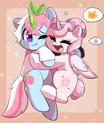 Size: 2845x3386 | Tagged: safe, artist:sakukitty, oc, oc only, oc:saku, alicorn, pony, alicorn oc, cute, duo, eyes closed, female, folded wings, high res, horn, hug, mare, ocbetes, one eye closed, open mouth, smiling, thought bubble, wings