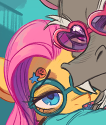 Size: 397x471 | Tagged: safe, artist:fanzeem, discord, fluttershy, draconequus, pegasus, pony, g4, cropped, duo, duo male and female, female, glasses, heart shaped glasses, looking at you, male, mare, preview, round glasses, selfie
