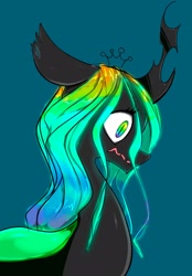 Size: 1426x2048 | Tagged: safe, artist:noupu, queen chrysalis, changeling, changeling queen, g4, blue background, bust, female, profile, simple background, solo
