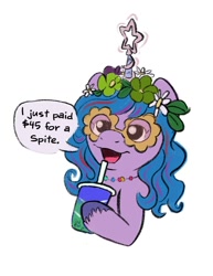 Size: 1075x1389 | Tagged: safe, artist:amynewblue, izzy moonbow, pony, unicorn, g5, dialogue, drink, female, floral head wreath, flower, glasses, hoof hold, mare, misspelling, novelty glasses, open mouth, open smile, simple background, smiling, soda, solo, speech bubble, white background