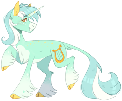 Size: 1125x938 | Tagged: safe, alternate version, artist:wanderingpegasus, lyra heartstrings, classical unicorn, pony, unicorn, g4, chest fluff, cloven hooves, concave belly, ear fluff, grin, horn, leonine tail, raised hoof, raised leg, simple background, smiling, solo, tail, transparent background, unshorn fetlocks