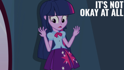 Size: 1920x1080 | Tagged: safe, edit, edited screencap, editor:quoterific, screencap, twilight sparkle, human, equestria girls, g4, my little pony equestria girls, concerned, female, hand, mirror, open mouth, sad, solo, worried