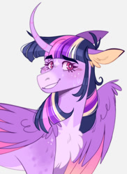 Size: 720x988 | Tagged: safe, artist:wanderingpegasus, twilight sparkle, alicorn, pony, g4, bust, chest fluff, curved horn, gray background, horn, portrait, simple background, smiling, solo, twilight sparkle (alicorn)