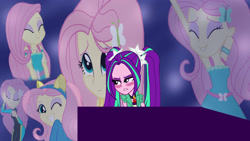 Size: 3000x1688 | Tagged: safe, artist:bigpurplemuppet99, aria blaze, fluttershy, butterfly, human, equestria girls, g4, blushing, cute, eyeshadow, female, fluttershy boho dress, hairpin, jack black, lesbian, makeup, musical instrument, peaches (song), piano, pigtails, pink eyeshadow, ship:ariashy, shipping, shyabetes, smiling, super mario bros., swimming suit, the super mario bros. movie, tsundaria, tsundere, wondercolt ears, wondercolts uniform