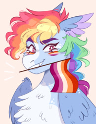 Size: 1068x1373 | Tagged: safe, artist:wanderingpegasus, rainbow dash, pegasus, pony, g4, bust, chest fluff, face paint, flag, headcanon, lesbian pride flag, mouth hold, pink background, portrait, pride, pride flag, sexuality headcanon, simple background, smiling