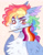 Size: 1068x1373 | Tagged: safe, artist:wanderingpegasus, rainbow dash, pegasus, pony, g4, bust, chest fluff, face paint, flag, headcanon, lesbian pride flag, mouth hold, pink background, portrait, pride, pride flag, sexuality headcanon, simple background, smiling