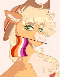 Size: 1068x1373 | Tagged: safe, artist:wanderingpegasus, applejack, earth pony, pony, g4, bust, chest fluff, face paint, flag, headcanon, lesbian pride flag, mouth hold, pink background, portrait, pride, pride flag, sexuality headcanon, simple background, smiling