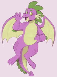 Size: 1008x1344 | Tagged: safe, artist:wanderingpegasus, spike, dragon, g4, male, open mouth, open smile, pink background, simple background, smiling, solo, waving, winged spike, wings