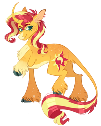 Size: 1640x2048 | Tagged: safe, artist:wanderingpegasus, sunset shimmer, classical unicorn, pony, unicorn, g4, chest fluff, cloven hooves, concave belly, curved horn, female, hoof fluff, horn, leonine tail, mare, pale belly, raised hoof, raised leg, simple background, smiling, solo, transparent background, unshorn fetlocks