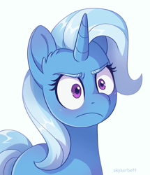 Size: 1332x1546 | Tagged: safe, artist:skysorbett, trixie, pony, unicorn, g4, angry, blushing, colored eyebrows, female, half body, mare, simple background, solo, white background, ಠ ಠ