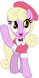 Size: 2566x5074 | Tagged: safe, artist:starcollider, luckette, earth pony, pony, g4, my little pony: friendship is magic, trade ya!, .svg available, barrette, bowtie, clothes, female, high res, mare, open mouth, open smile, raised hoof, simple background, smiling, solo, svg, transparent background, vector