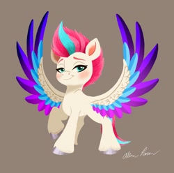 Size: 1521x1506 | Tagged: safe, artist:allisonpopick, zipp storm, pegasus, pony, g5, blushing, female, lidded eyes, mare, raised hoof, simple background, smiling, solo, spread wings, wings