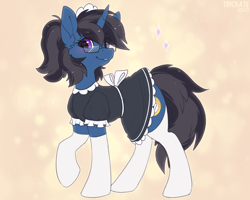 Size: 2500x2000 | Tagged: safe, alternate version, artist:trickate, oc, oc only, oc:hbg, pony, unicorn, clothes, female, glasses, heart, heart eyes, high res, maid, mare, smiling, socks, solo, stockings, thigh highs, white socks, wingding eyes
