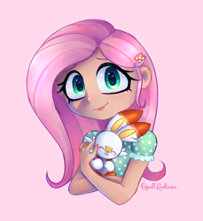 Size: 2689x2941 | Tagged: safe, artist:opal_radiance, fluttershy, human, scorbunny, equestria girls, g4, high res, hug, humanized, moderate dark skin, pokémon, solo