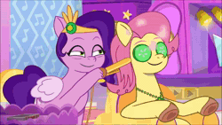 Size: 1920x1080 | Tagged: safe, screencap, kenneth, lemon gear, minty skylark, pipp petals, posey bloom, steven, bird, earth pony, pegasus, pony, seagull, g5, my little pony: tell your tale, ponytropico, spoiler:g5, spoiler:my little pony: tell your tale, spoiler:tyts01e52, accident, animated, bags under eyes, burnt mane, cucumber, female, food, hair straightener, male, mane melody (location), mare, maretime bay, oops, posey can't catch a break, screaming, sound, stallion, tired, webm, youtube link