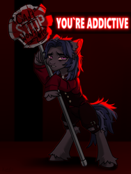 Size: 3503x4653 | Tagged: safe, artist:konejo, oc, oc only, oc:mattriel, earth pony, pony, bipedal, blue mane, choker, clothes, collar, cross, cross necklace, dark background, digital art, earth pony oc, eyebrows, eyes open, full body, garter belt, garters, graffiti, gritted teeth, jewelry, long hair, long mane, long mane male, looking sideways, male, messy mane, necklace, neon, neon sign, pink eyes, red background, red shirt, road sign, shirt, shorts, signature, simple background, solo, stallion, standing, stop sign, teeth, tired, two toned mane, waistcoat
