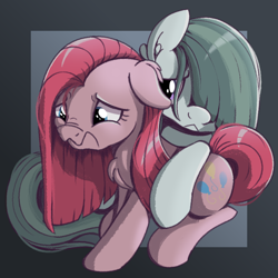 Size: 1000x1000 | Tagged: safe, artist:candy meow, marble pie, pinkie pie, earth pony, pony, g4, chest fluff, cute, depressed, duo, ear fluff, female, floppy ears, hug, looking down, mare, pinkamena diane pie, sad, sadorable, siblings, simple background, sisters, sitting, support