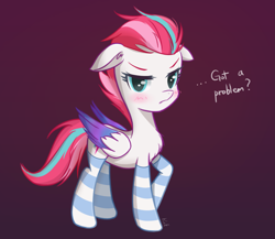 Size: 2639x2286 | Tagged: safe, artist:kaf_pone, zipp storm, pegasus, pony, g4, g5, adorazipp, blushing, clothes, cute, female, g5 to g4, generation leap, gradient background, high res, mare, socks, solo, striped socks, tsundere, tsundezipp, wings