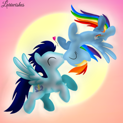 Size: 1400x1400 | Tagged: safe, alternate version, artist:mlplary6, rainbow dash, soarin', pegasus, pony, g4, ^^, boyfriend and girlfriend, duo, eyes closed, female, flying, flying broomstick, heart, kiss on the lips, kissing, love, male, mare, romantic, ship:soarindash, shipping, sky, stallion, straight, sun, sunset