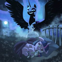 Size: 800x800 | Tagged: safe, artist:riouku, nightmare moon, princess luna, smarty pants, twilight sparkle, alicorn, pony, unicorn, g4, avenged sevenfold, bed, commission, female, filly, filly twilight sparkle, floppy ears, flower, foal, forever, gravestone, lying down, mare in the moon, moon, night, nightmare (album), on side, pillow, reference, smiling, spread wings, stars, unicorn twilight, wings, worried, younger