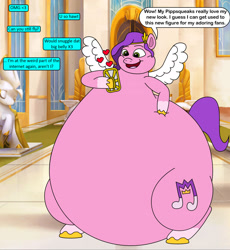 Size: 1841x2001 | Tagged: safe, artist:thebigroundguy, pipp petals, pegasus, pony, g5, adipipp, belly, big belly, bottom heavy, cellphone, dialogue, fat, fat fetish, fetish, floating heart, heart, huge belly, open mouth, open smile, phone, smiling, solo, stretched cutie mark, text