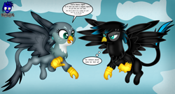 Size: 7680x4154 | Tagged: safe, artist:damlanil, gabby, oc, oc:nightlight aura, griffon, pegasus, pony, g4, cloud, comic, commission, cute, duo, female, flying, gabbybetes, griffonized, happy, mare, show accurate, species swap, speech bubble, spread wings, text, vector, wings
