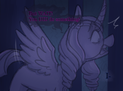 Size: 946x700 | Tagged: safe, anonymous artist, opaline arcana, alicorn, pony, series:misty pov, g5, angry, dialogue, eyes open, female, horn, implied misty brightdawn, indoors, limited palette, mare, mocking, opabitch, opaline's dark castle, open mouth, random character saves misty in the comments, side view, solo, spread wings, teeth, text, this will end in tears, this will not end well, wings
