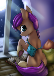Size: 2480x3508 | Tagged: safe, artist:playful wings, sunny starscout, earth pony, pony, g5, book, coat markings, colored underhoof, female, high res, indoors, looking at you, looking back, looking back at you, mare, moon, night, rear view, sitting, socks (coat markings), solo, window