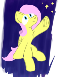 Size: 478x615 | Tagged: safe, artist:cotarsis, fluttershy, pegasus, pony, g4, aggie.io, chest fluff, female, folded wings, frog (hoof), looking at you, looking up, mare, raised hoof, sitting, sketch, solo, stars, underhoof, wings