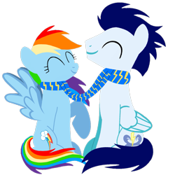 Size: 1099x1099 | Tagged: safe, artist:mlplary6, rainbow dash, soarin', pegasus, pony, g4, ^^, boyfriend and girlfriend, clothes, duo, eyes closed, female, love, male, mare, romantic, scarf, shared clothing, shared scarf, ship:soarindash, shipping, simple background, sitting, smiling, stallion, straight, transparent background, vector