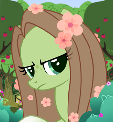 Size: 1080x1167 | Tagged: safe, artist:cstrawberrymilk, oc, oc only, oc:lumina, pony, g4, apple, apple tree, bust, female, flower, flower in hair, mare, portrait, solo, tree