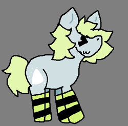 Size: 407x400 | Tagged: safe, artist:jellyhooves, oc, oc only, oc:kaolin, pony, :3, ><, clothes, cute, eyes closed, gray background, simple background, socks, solo, striped socks, thigh highs