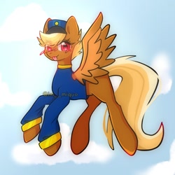 Size: 1000x1000 | Tagged: safe, artist:im__miquo, swift reply, pegasus, pony, g4, blonde, clothes, cloud, female, flying, hat, mare, red eyes, shiny eyes, signature, sky background, solo, spread wings, tongue out, uniform, wings