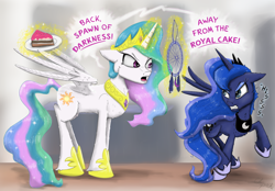 Size: 4100x2849 | Tagged: safe, artist:chopsticks, princess celestia, princess luna, alicorn, pony, g4, angry, cake, cakelestia, cheek fluff, chest fluff, concave belly, crown, dialogue, dreamcatcher, duo, duo female, ethereal mane, ethereal tail, female, floppy ears, food, glowing, glowing horn, gritted teeth, height difference, hissing, hoof shoes, horn, jewelry, jumping, looking at each other, looking at someone, magic, mare, peytral, plate, princess shoes, raised hoof, regalia, royal sisters, sibling rivalry, siblings, sisters, spread wings, tail, teeth, telekinesis, text, that pony sure does love cakes, threatening, unshorn fetlocks, wings, yelling