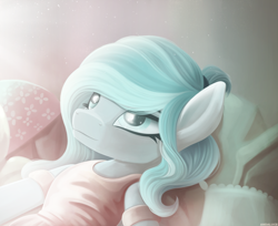 Size: 2700x2200 | Tagged: safe, artist:andaluce, oc, oc only, oc:haze northfleet, pony, bed, bedroom, clothes, dress, female, high res, lying down, lying on bed, mare, not snowdrop, on bed, pillow, solo
