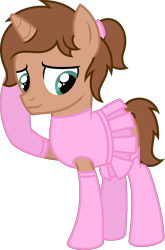 Size: 1578x2387 | Tagged: safe, artist:peternators, oc, oc only, oc:heroic armour, pony, unicorn, g4, clothes, colt, crossdressing, dress, foal, male, ponytail, simple background, smiling, socks, solo, stockings, teenager, thigh highs, transparent background