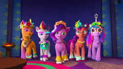 Size: 1920x1080 | Tagged: safe, screencap, hitch trailblazer, izzy moonbow, pipp petals, sunny starscout, zipp storm, earth pony, pegasus, pony, unicorn, bridlewoodstock (make your mark), g5, my little pony: make your mark, my little pony: make your mark chapter 4, spoiler:my little pony: make your mark chapter 4, spoiler:mymc04e01, accessory, adorapipp, bridlewoodstock, clothes, costume, cute, female, floral head wreath, flower, glasses, glowstick, male, mane five, mane stripe sunny, mare, royal sisters (g5), siblings, sisters, stallion, sunnybetes