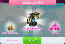 Size: 1271x861 | Tagged: safe, gameloft, midnight strike, pegasus, pony, g4, my little pony: magic princess, aviator goggles, book, bundle, bush, clothes, costs real money, english, female, flight suit, gem, goggles, mare, mobile game, numbers, sale, solo, spread wings, text, wings