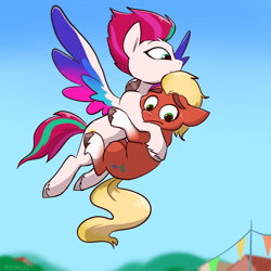 Size: 2048x2048 | Tagged: safe, artist:pfeffaroo, sprout cloverleaf, zipp storm, earth pony, pegasus, pony, g5, adorable distress, blue background, commission, cute, duo, female, flying, high res, holding, holding a pony, male, mare, park, scared, ship:cloverstorm, shipping, simple background, sky, smiling, sproutlove, stallion, straight, worried