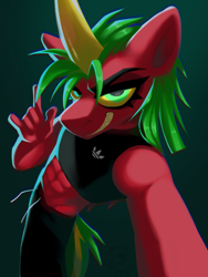 Size: 1620x2160 | Tagged: safe, artist:rtootb, oc, oc only, oc:riot, dracony, dragon, hybrid, unicorn, anthro, abs, adidas, angle, big horn, clothes, colored sclera, cool, digital art, ears back, female, green eyes, green mane, grin, horn, hybrid oc, looking at you, muscles, muscular female, perspective, red fur, shading, sharp teeth, simple background, sketch, smiling, smiling at you, smirk, solo, teeth, yellow sclera