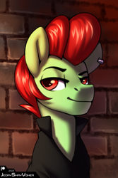 Size: 2000x3000 | Tagged: safe, artist:jedayskayvoker, oc, oc:poison rose, earth pony, pony, brick wall, bust, clothes, colored, colored sketch, ear piercing, earth pony oc, eyebrows, high res, icon, male, piercing, portrait, raised eyebrow, sketch, smiling, smug, solo, stallion